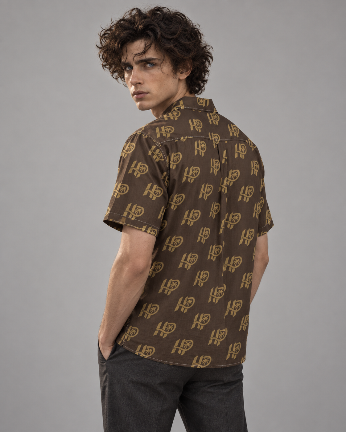 HP Palm Monogram Hawaiian Shirt – Brown & Gold