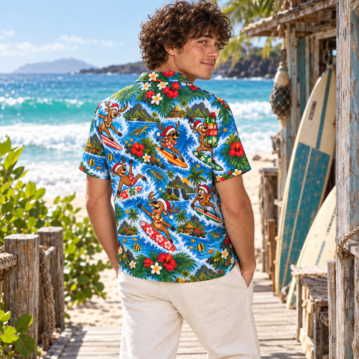 Men's Christmas 2026 Surfing Reindeer Hawaiian Shirt