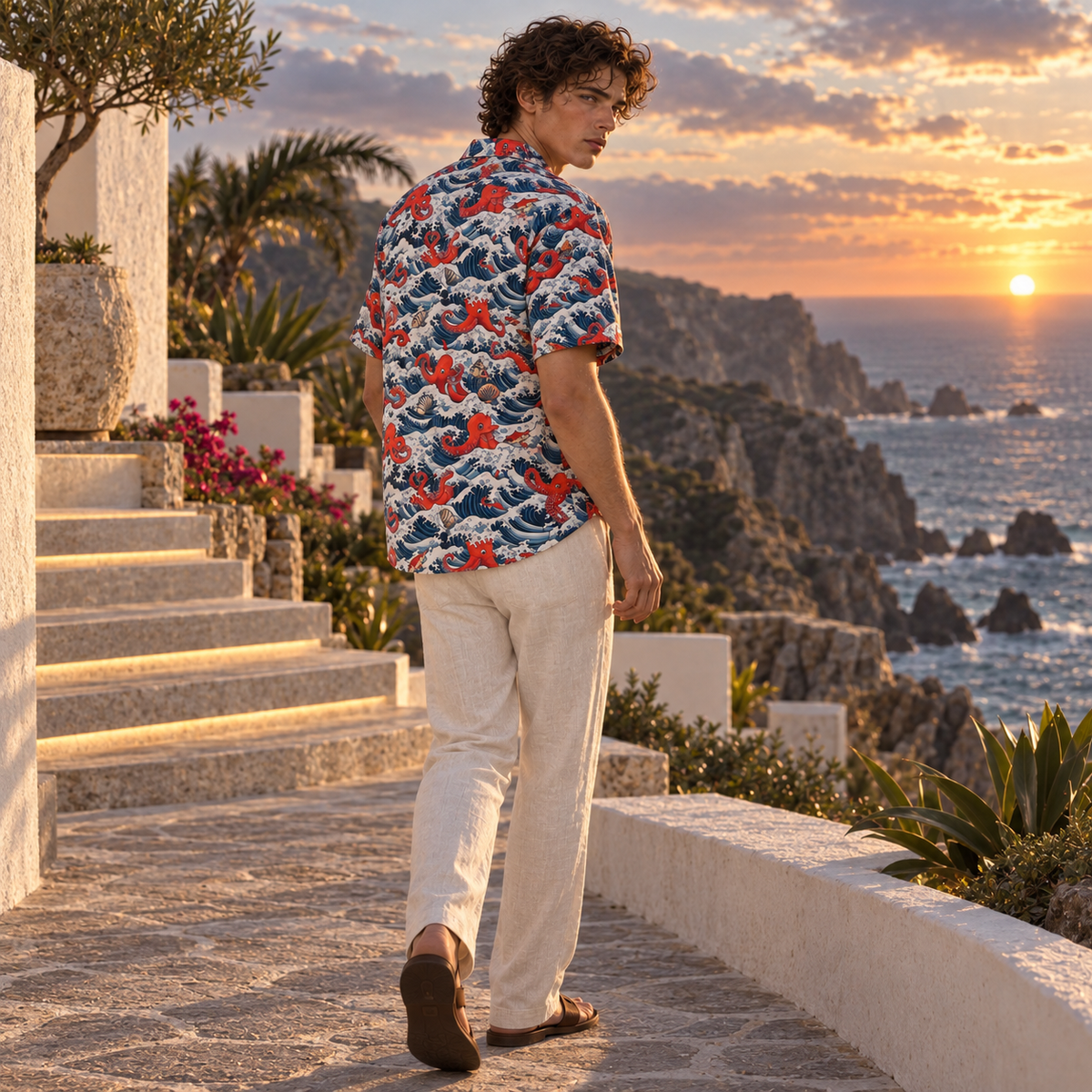 Men's Halloween 2026 Crimson Octopus Wave Hawaiian Shirt