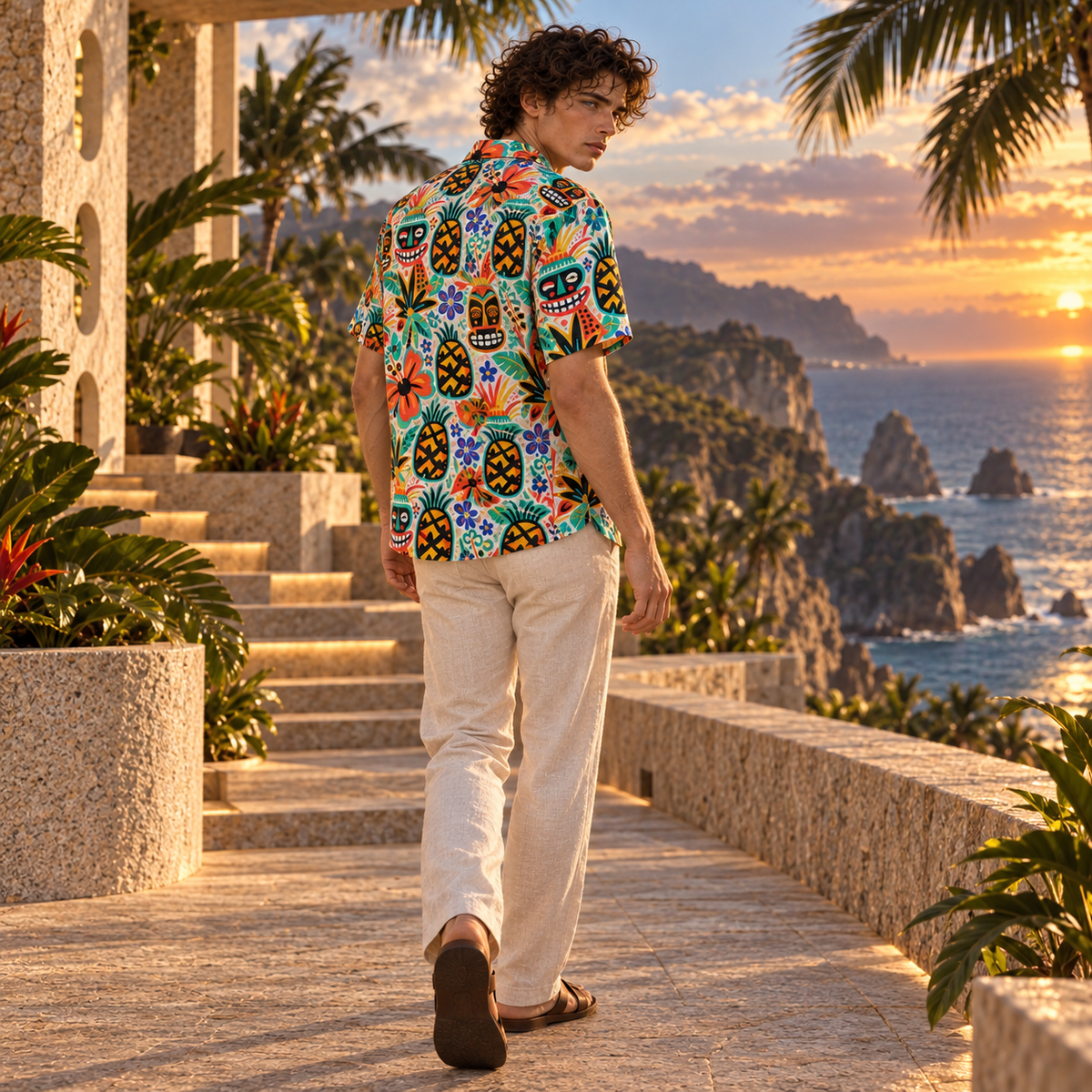 Men's Halloween 2026 Coral Tiki Masquerade Hawaiian Shirt