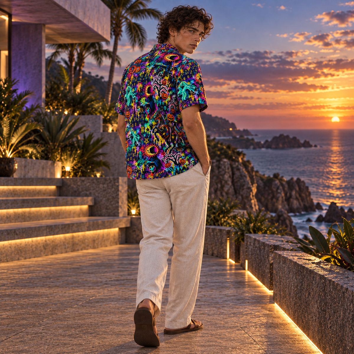 Men's Halloween 2026 Neon Pumpkin Rider Hawaiian Shirt