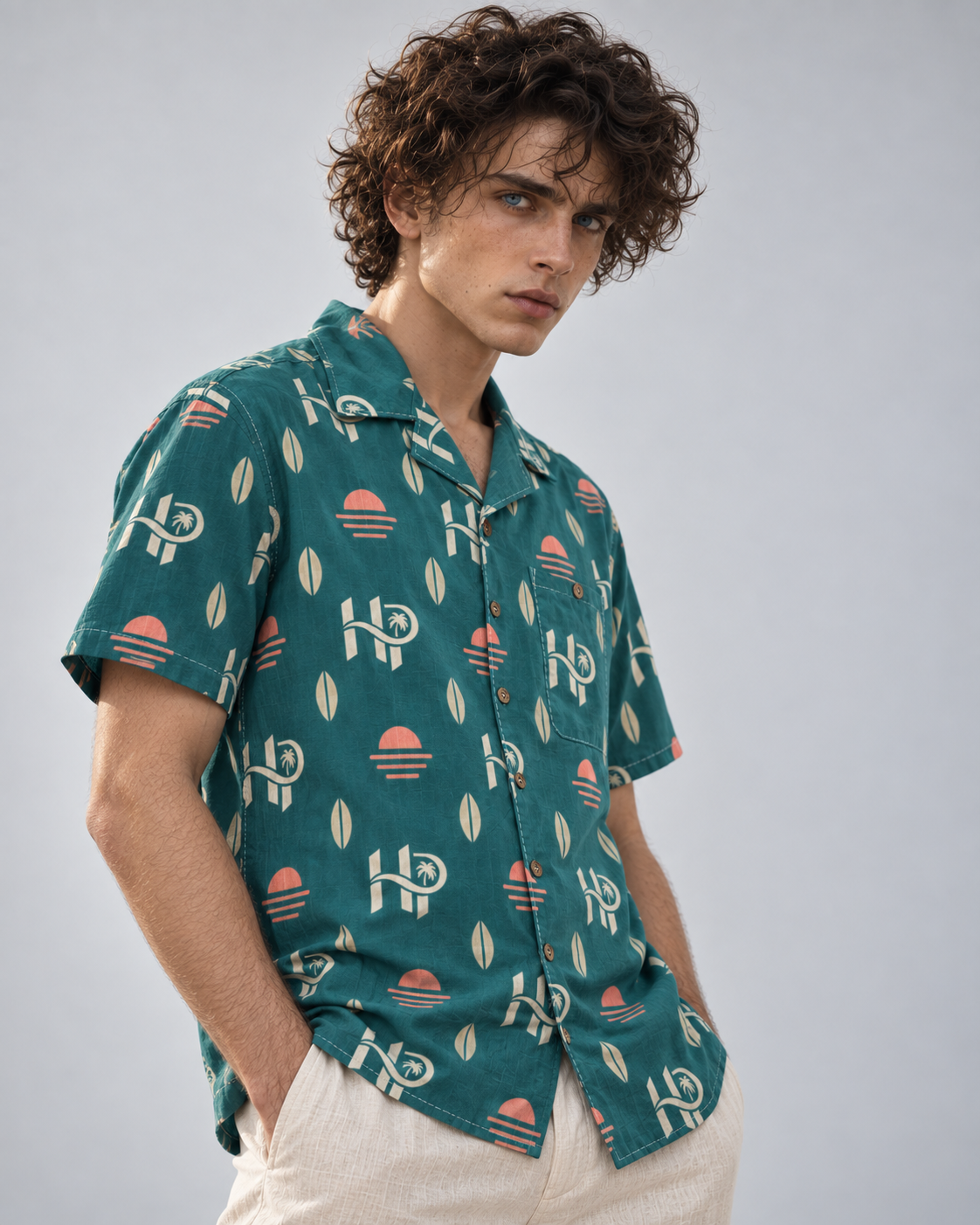 HP Sunset Monogram Hawaiian Shirt – Teal & Coral