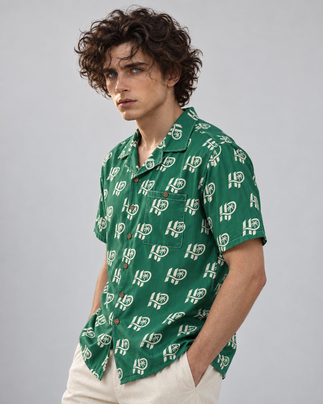 Men's HP Signature Monogram Hawaiian Shirt – Emerald & Cream