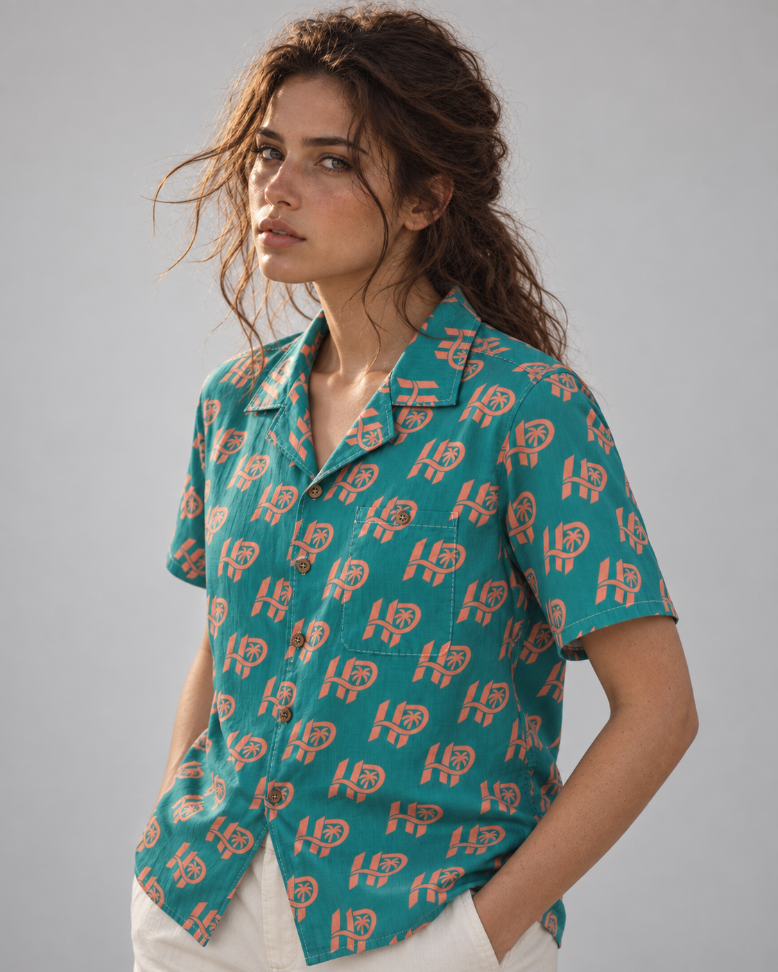 Women's HP Signature Monogram Hawaiian Shirt – Teal & Coral