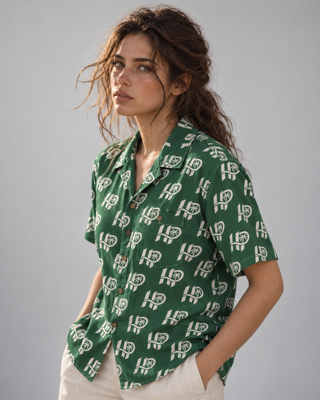 Women's HP Signature Monogram Hawaiian Shirt – Forest Green & Cream