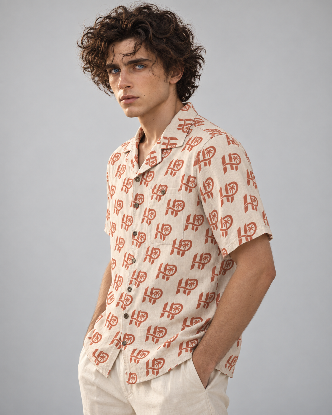Men's HP Signature Monogram Hawaiian Shirt – Ivory & Terracotta