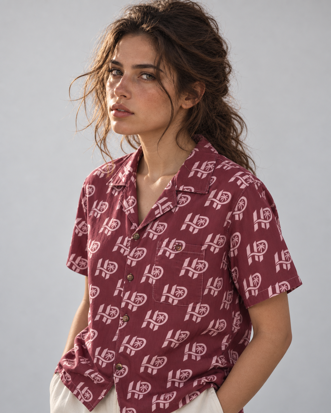 Women's HP Signature Monogram Hawaiian Shirt – Burgundy & Blush