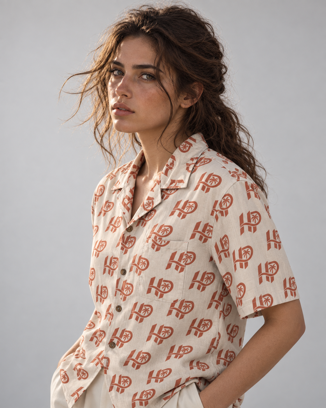 Women's HP Signature Monogram Hawaiian Shirt – Ivory & Terracotta