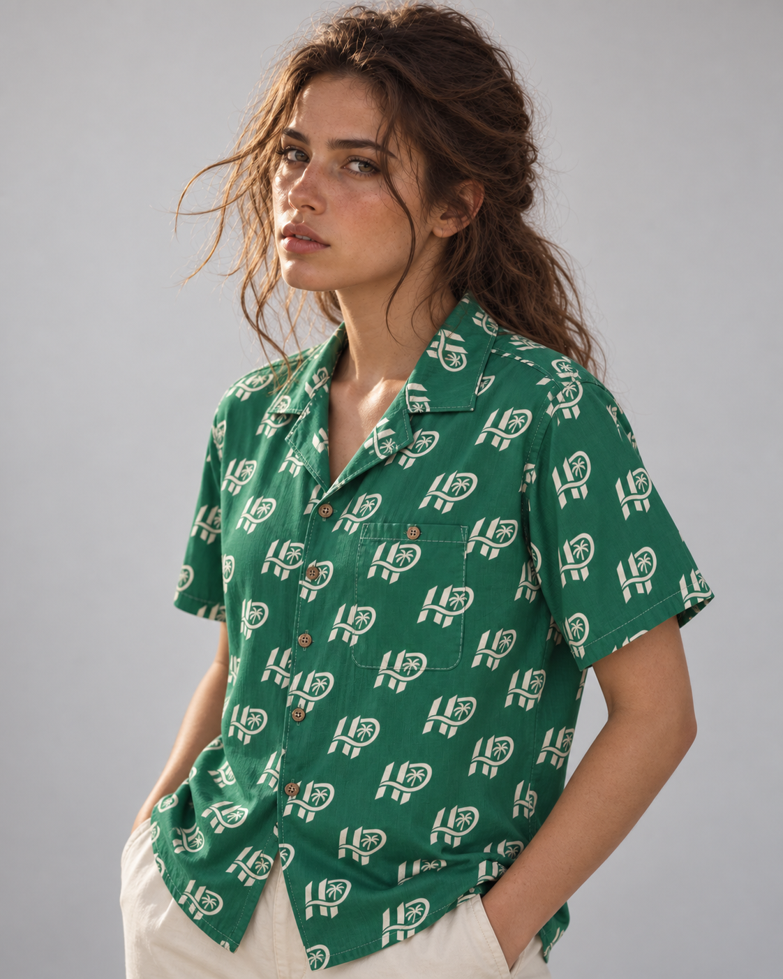 Women's HP Signature Monogram Hawaiian Shirt – Emerald & Cream
