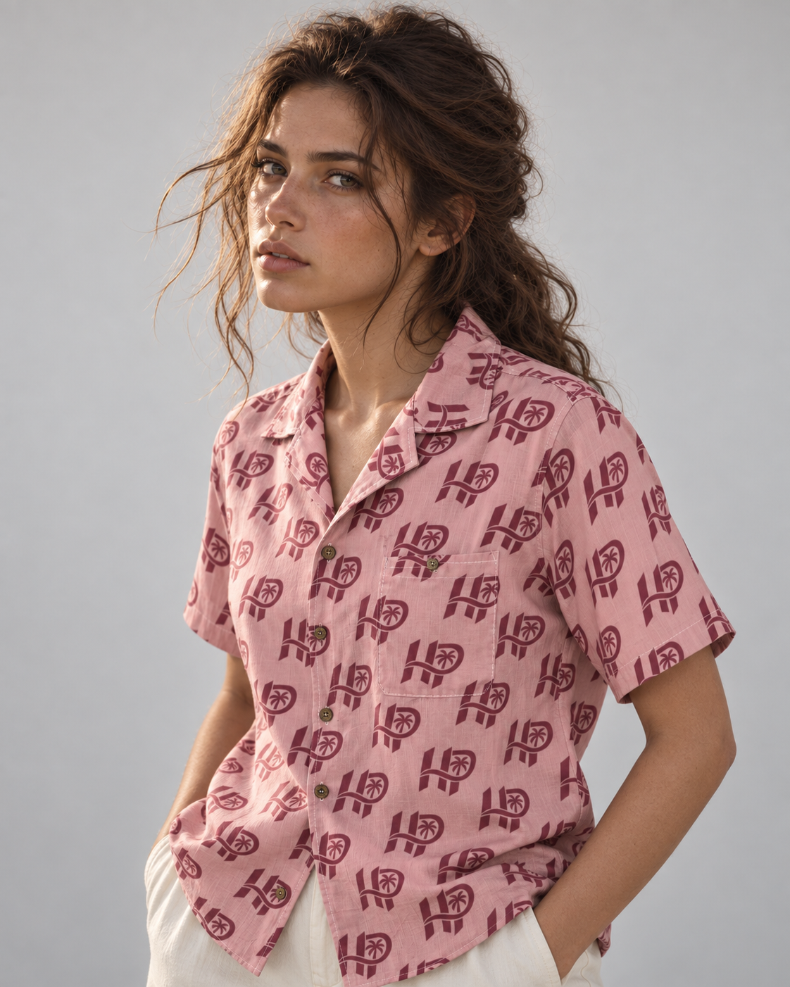 Women's HP Signature Monogram Hawaiian Shirt – Blush & Burgundy