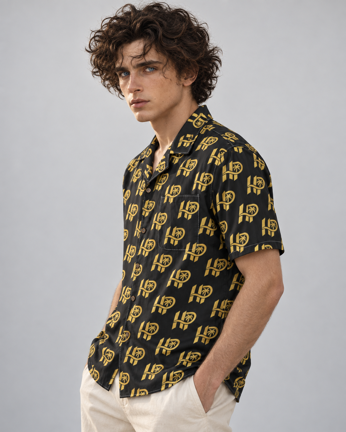 Men's HP Signature Monogram Hawaiian Shirt – Black & Gold