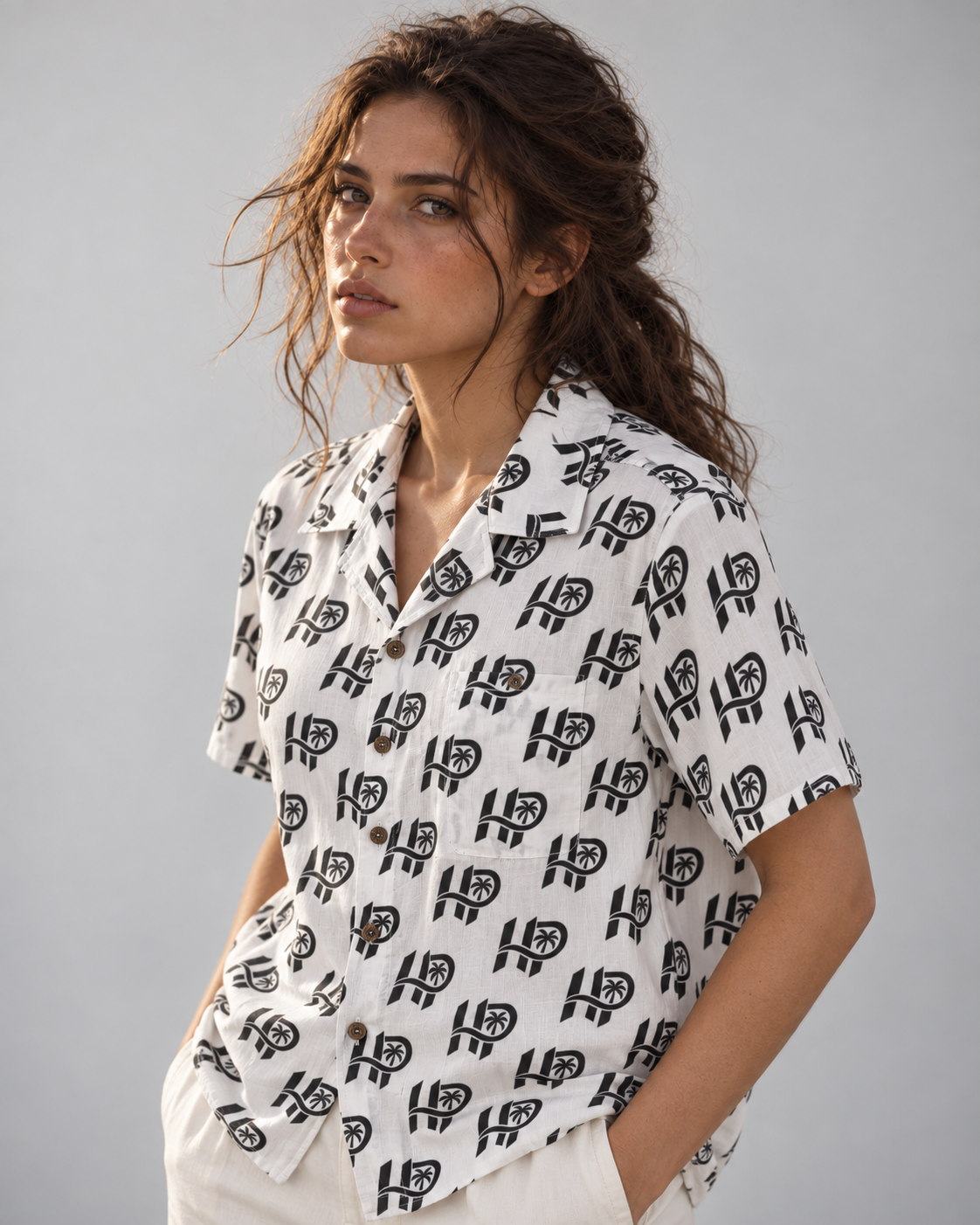 Women's HP Signature Monogram Hawaiian Shirt – White & Black