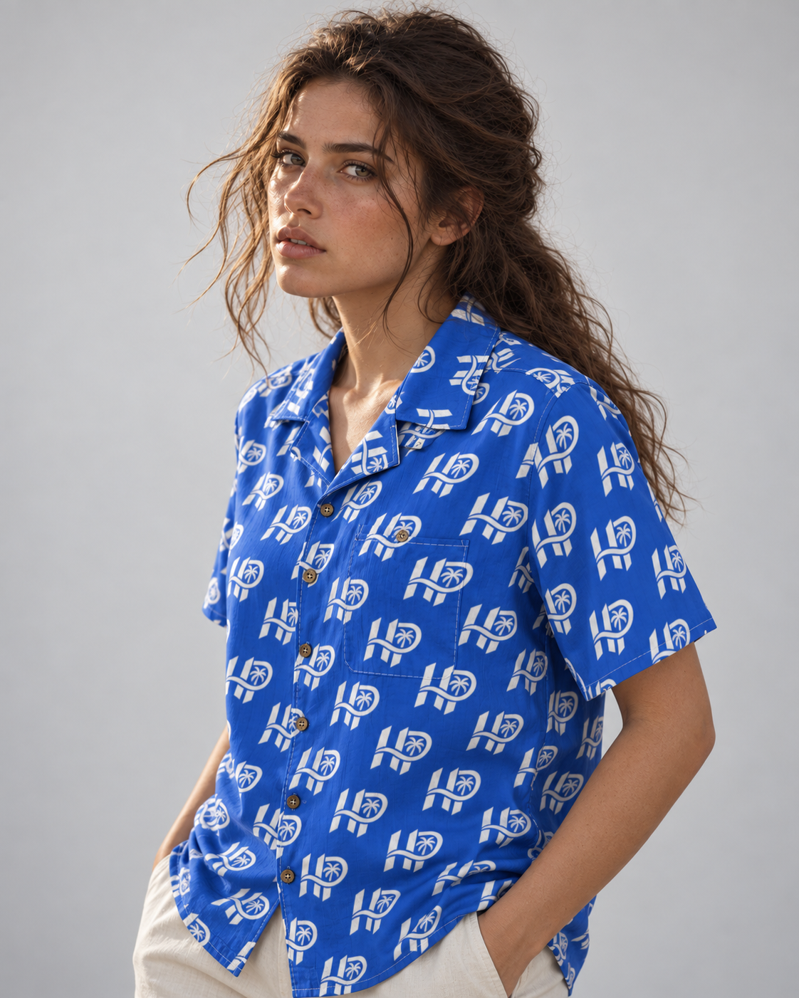Women's HP Signature Monogram Hawaiian Shirt – Royal Blue & White