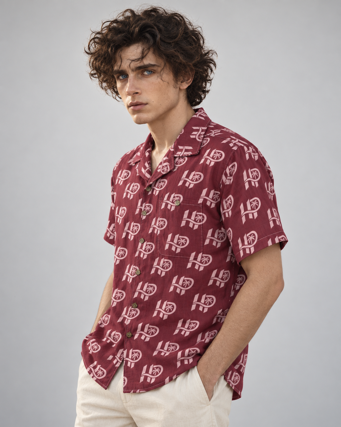 Men's HP Signature Monogram Hawaiian Shirt – Burgundy & Blush