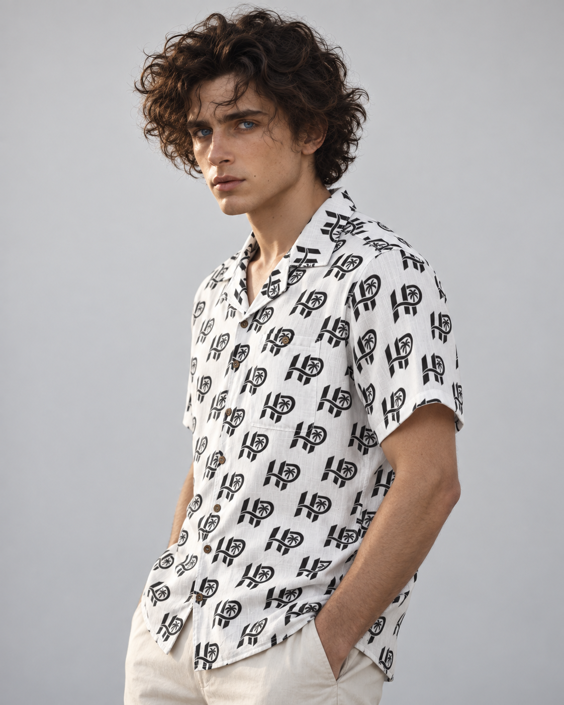 Men's HP Signature Monogram Hawaiian Shirt – White & Black