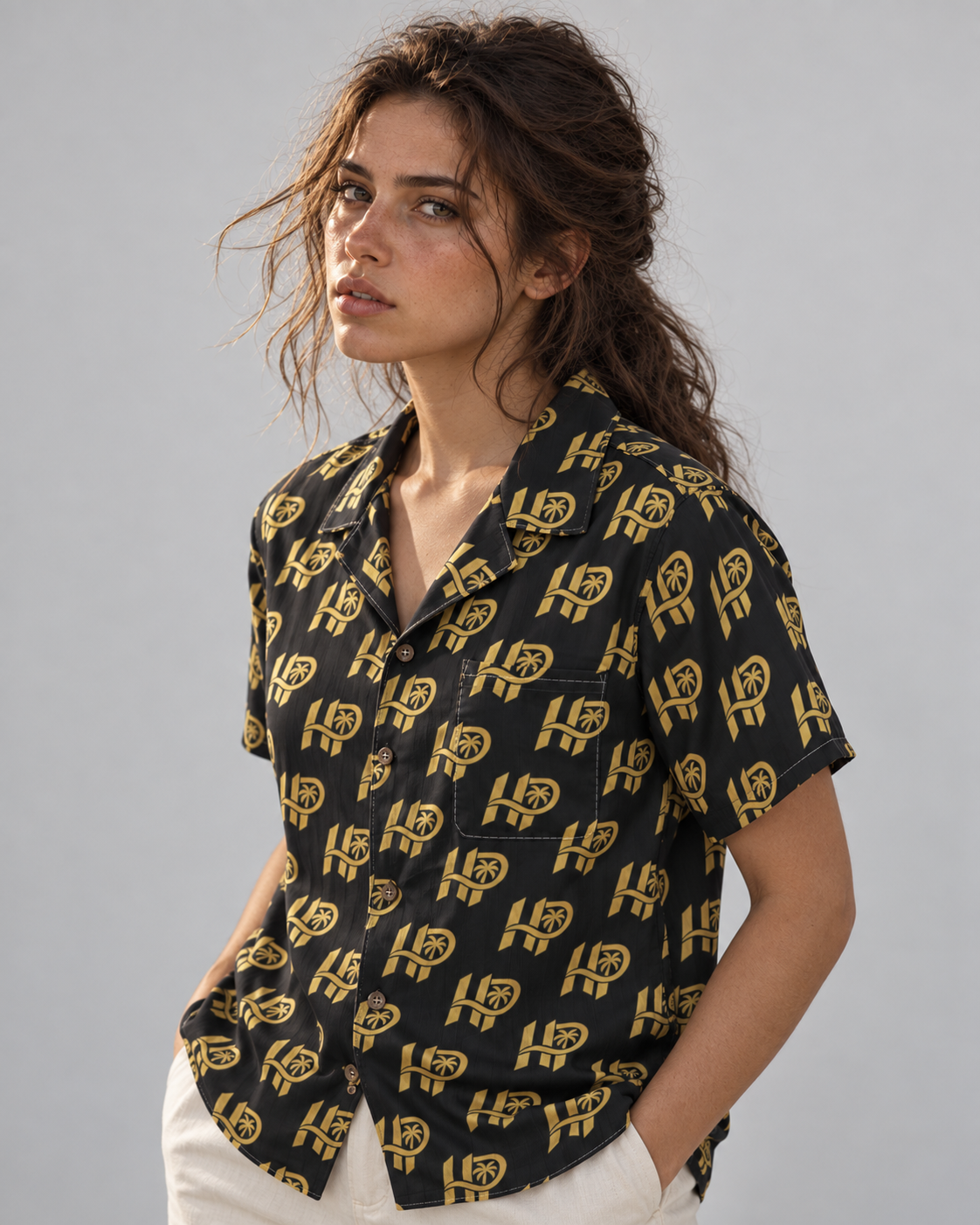 Women's HP Signature Monogram Hawaiian Shirt – Black & Gold