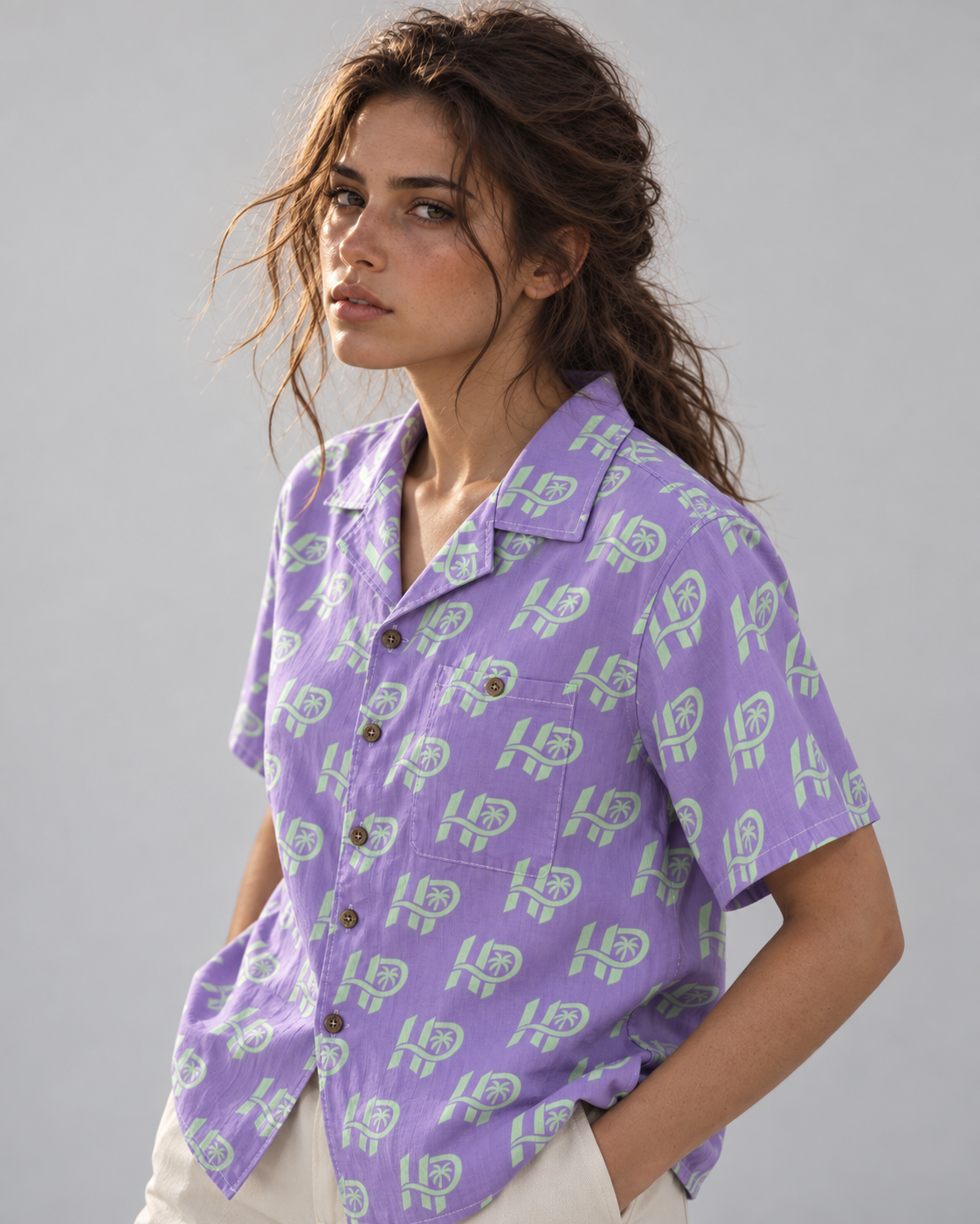 Women's HP Signature Monogram Hawaiian Shirt – Lavender & Mint