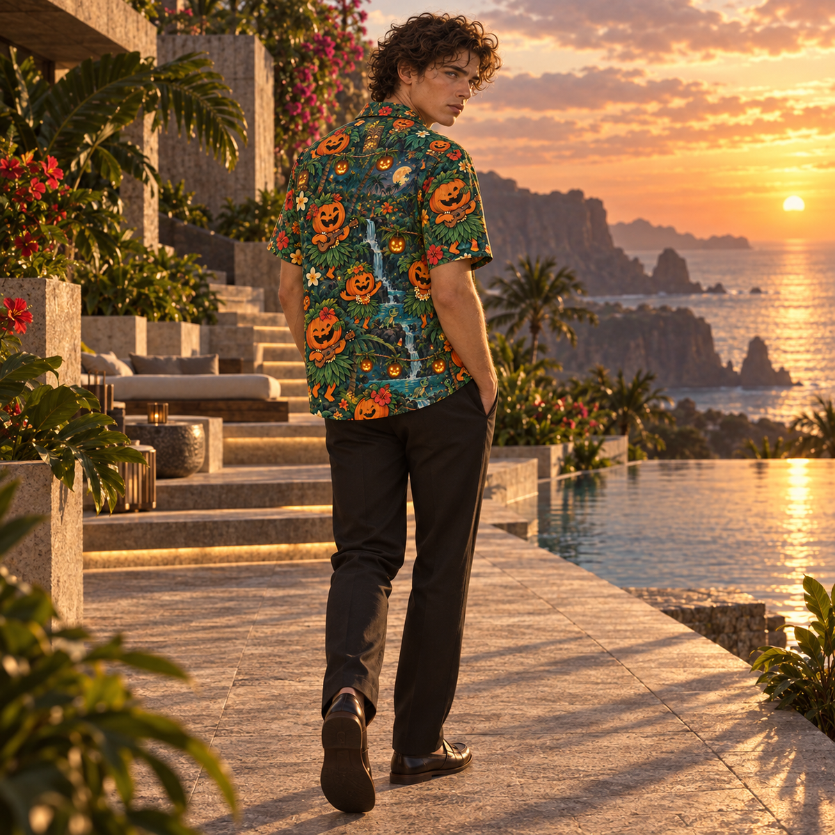Men's Halloween 2026 Pumpkin Hula Party Hawaiian Shirt