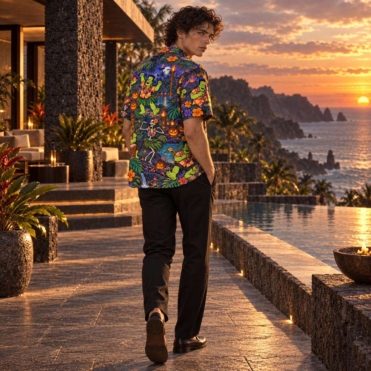 Men's Halloween 2026 Frankenstein Island Luau Hawaiian Shirt