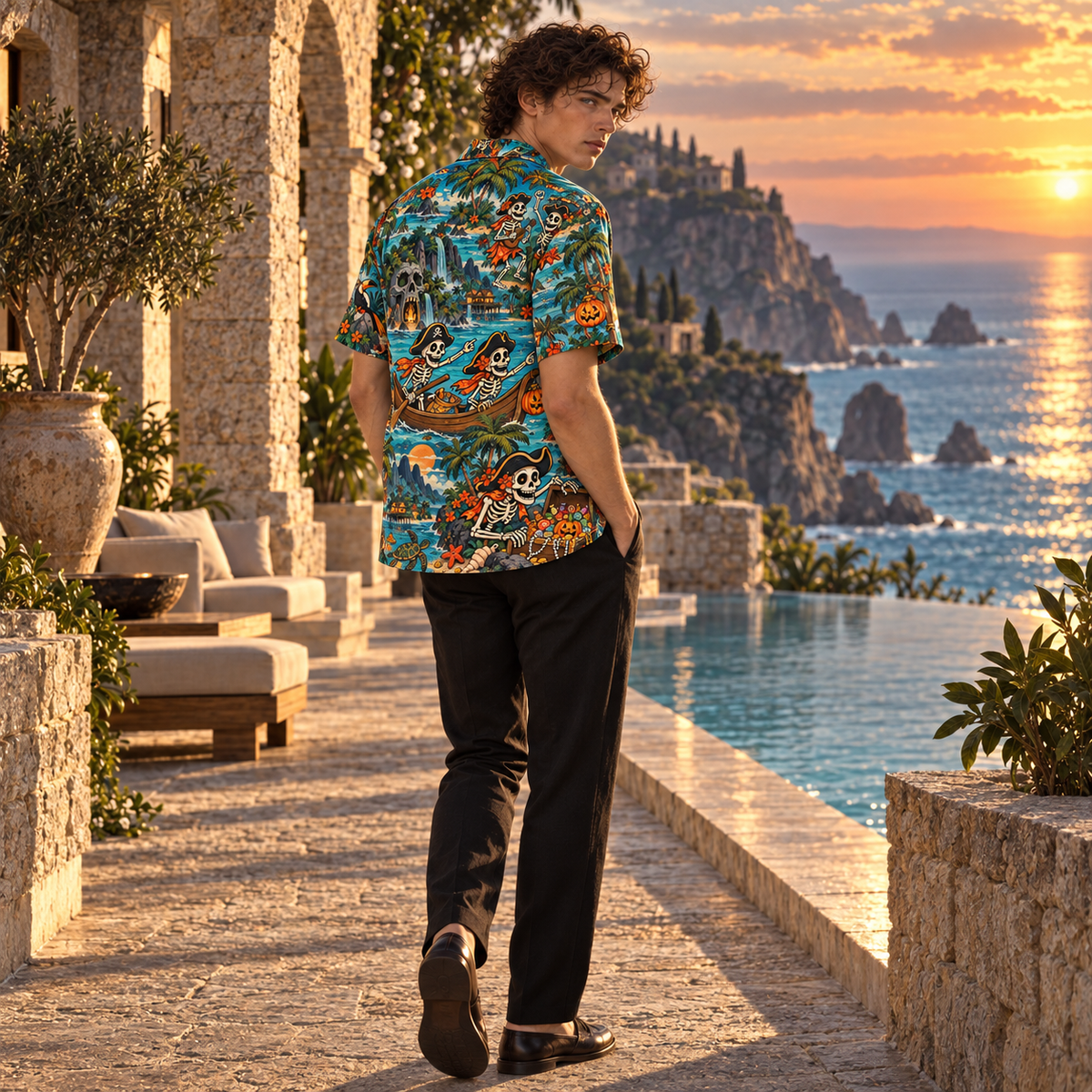 Men's Halloween 2026 Skeleton Pirate Cove Hawaiian Shirt