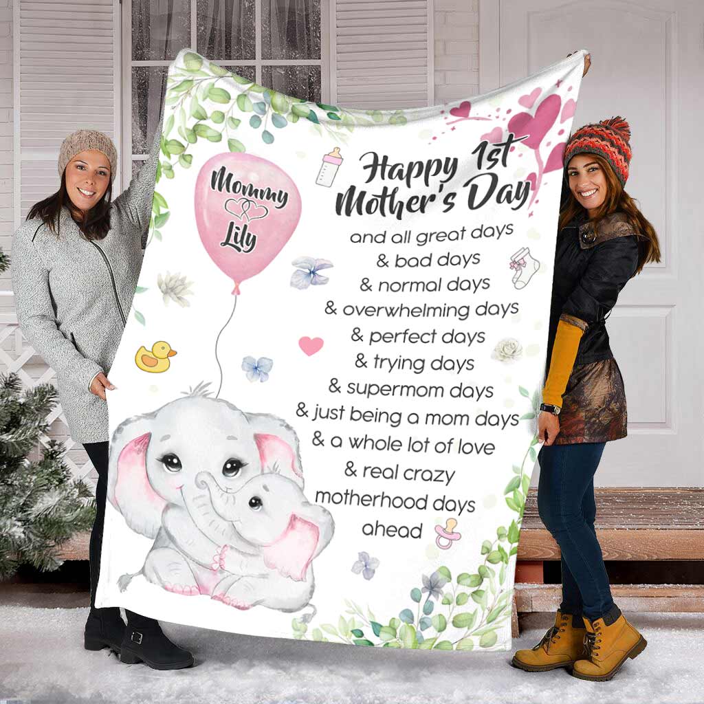 Elephant Happy 1ST Mothers Day And All The Days Ahead Personalized Flannel Blanket For Soft Bed Couch And Home Comfort