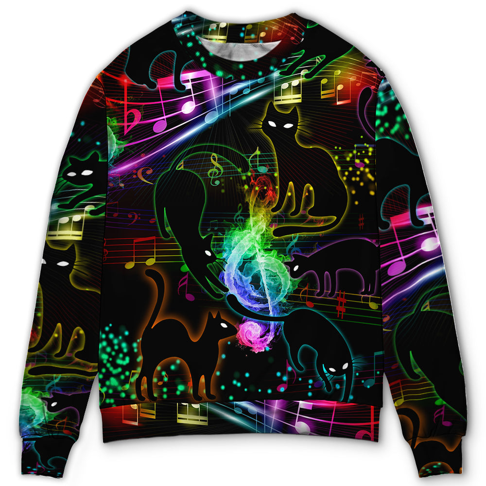 Black Cat Magical Light Music Notes – Sweater - Ugly Christmas Sweater