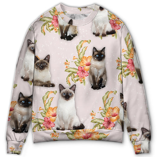 Tropical Floral Siamese Cat Art – Sweater - Ugly Christmas Sweater