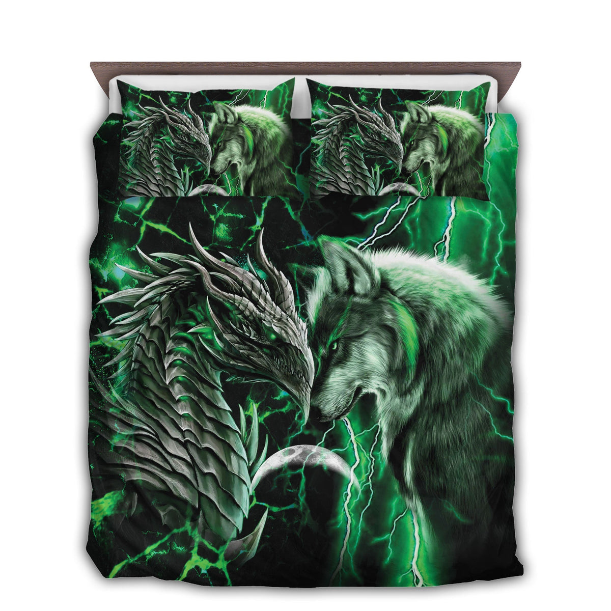 Green Dragon And Wolf Fantasy Bedding Cover For Fantasy Bedroom Decor