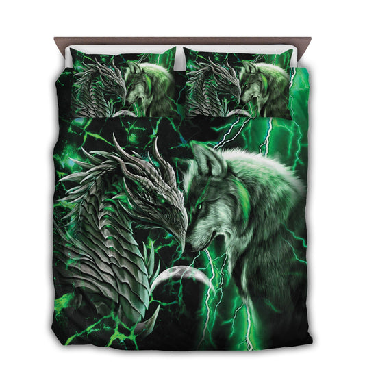 Green Dragon And Wolf Fantasy Bedding Cover For Fantasy Bedroom Decor