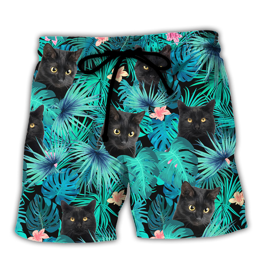 Black Cat Lover Tropical Leaf Style – Beach Short