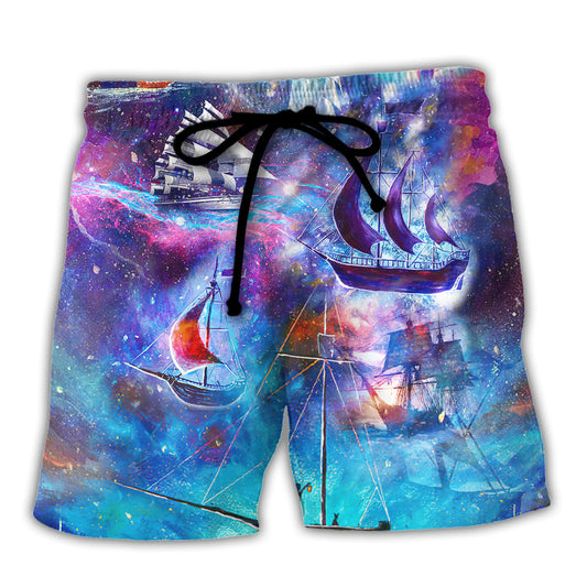 Sailing Boat Graphic With Cosmic Ocean Adventure Theme – Beach Short
