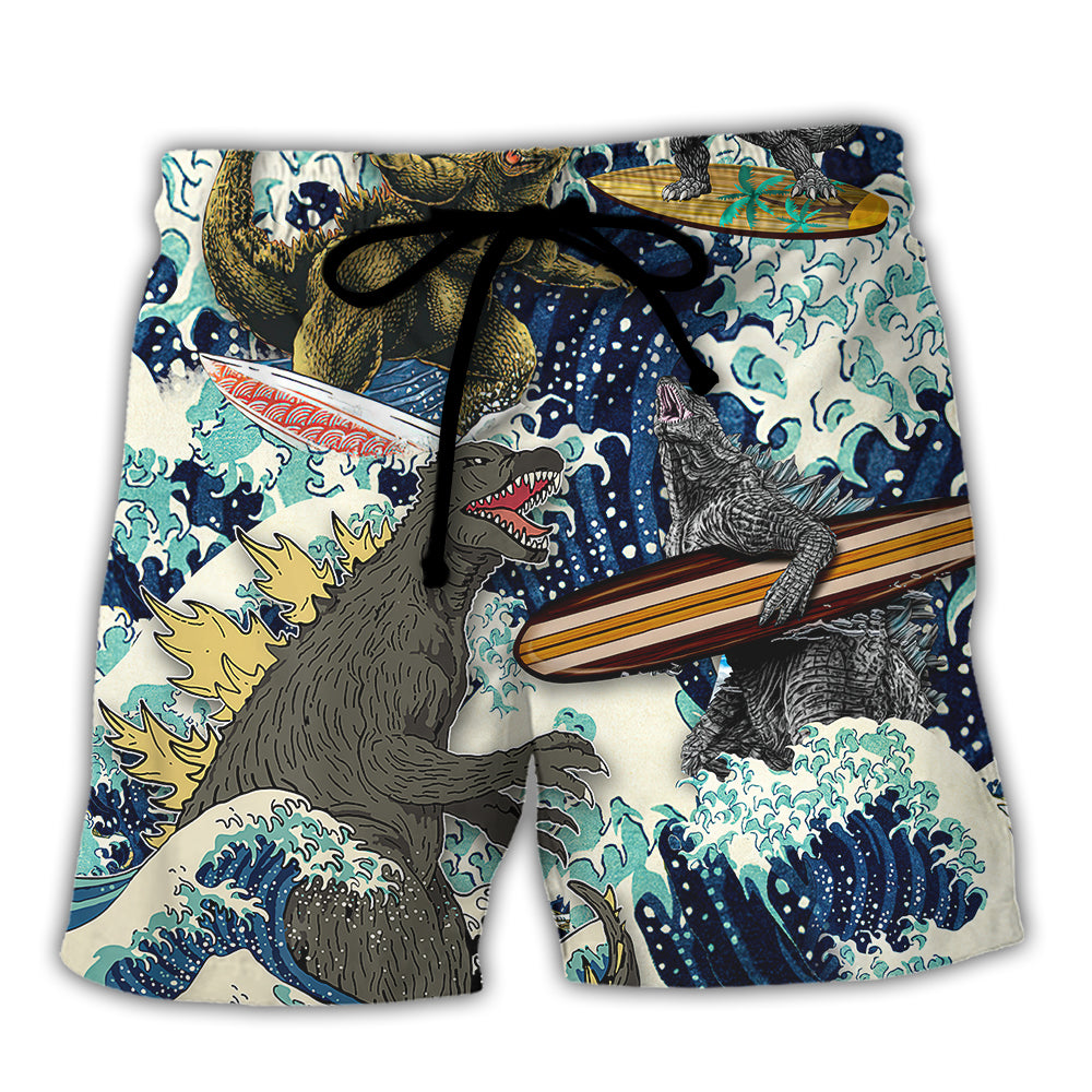 Surfing Godzilla Funny Monster Board Meeting Joke – Beach Short
