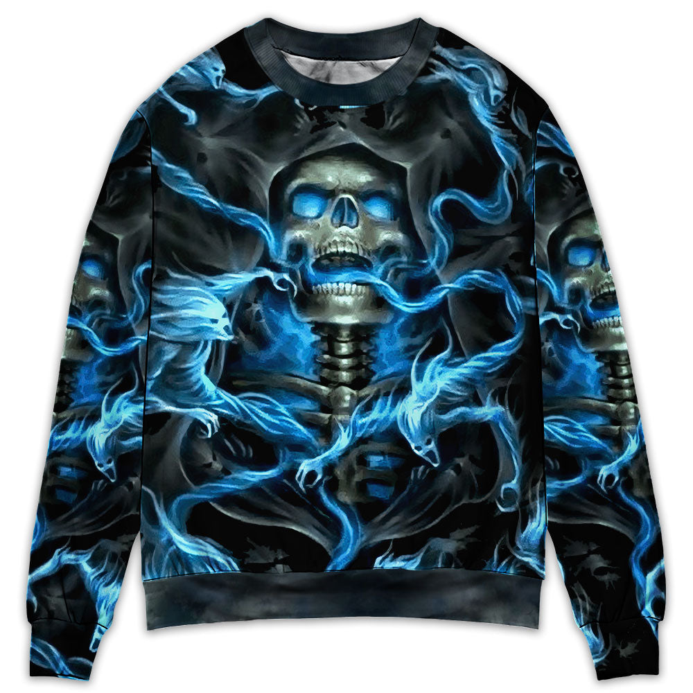 Blue Smoke Flaming Skull Art – Sweater - Ugly Christmas Sweater