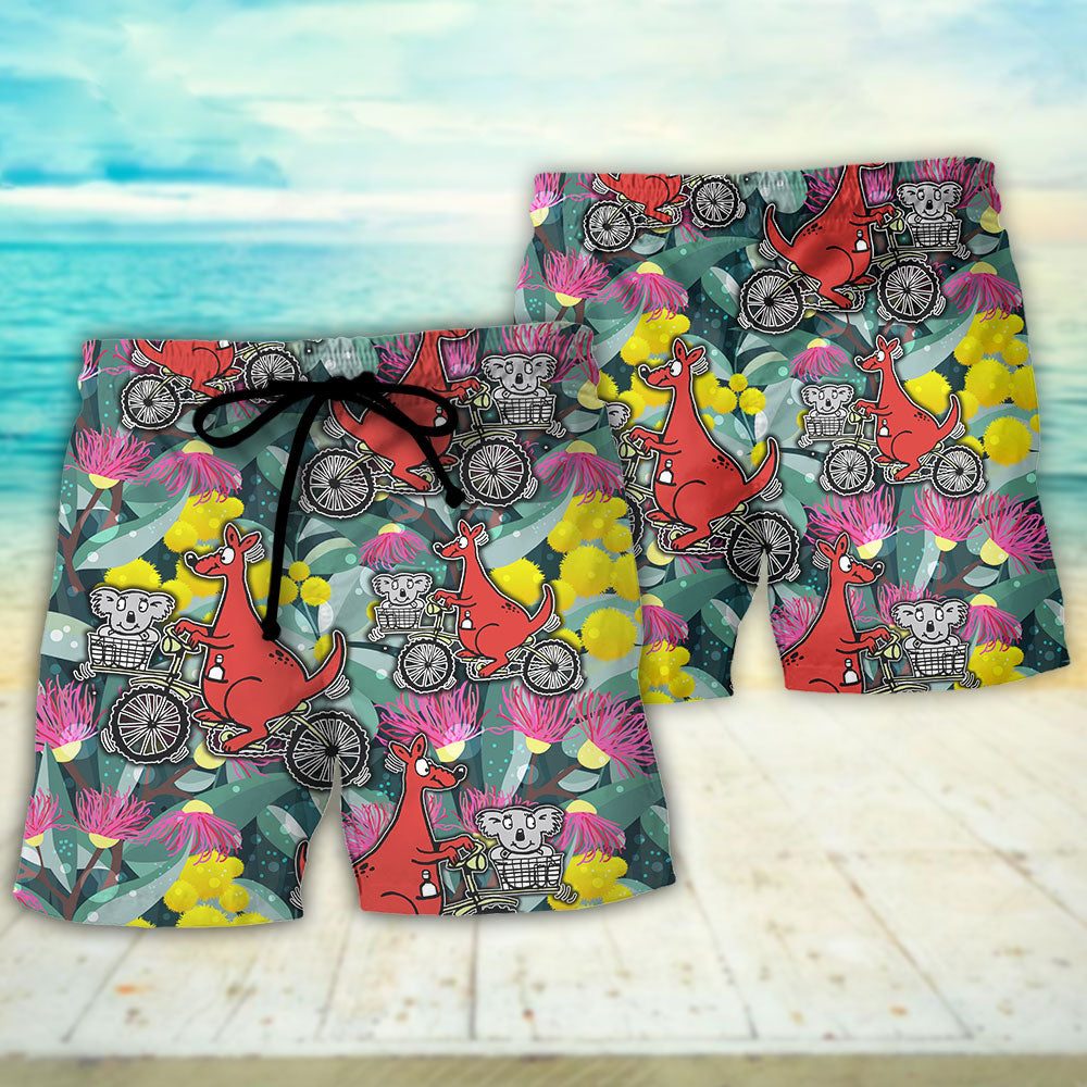 Kangaroo And Koala Cycling Floral Art – Beach Short