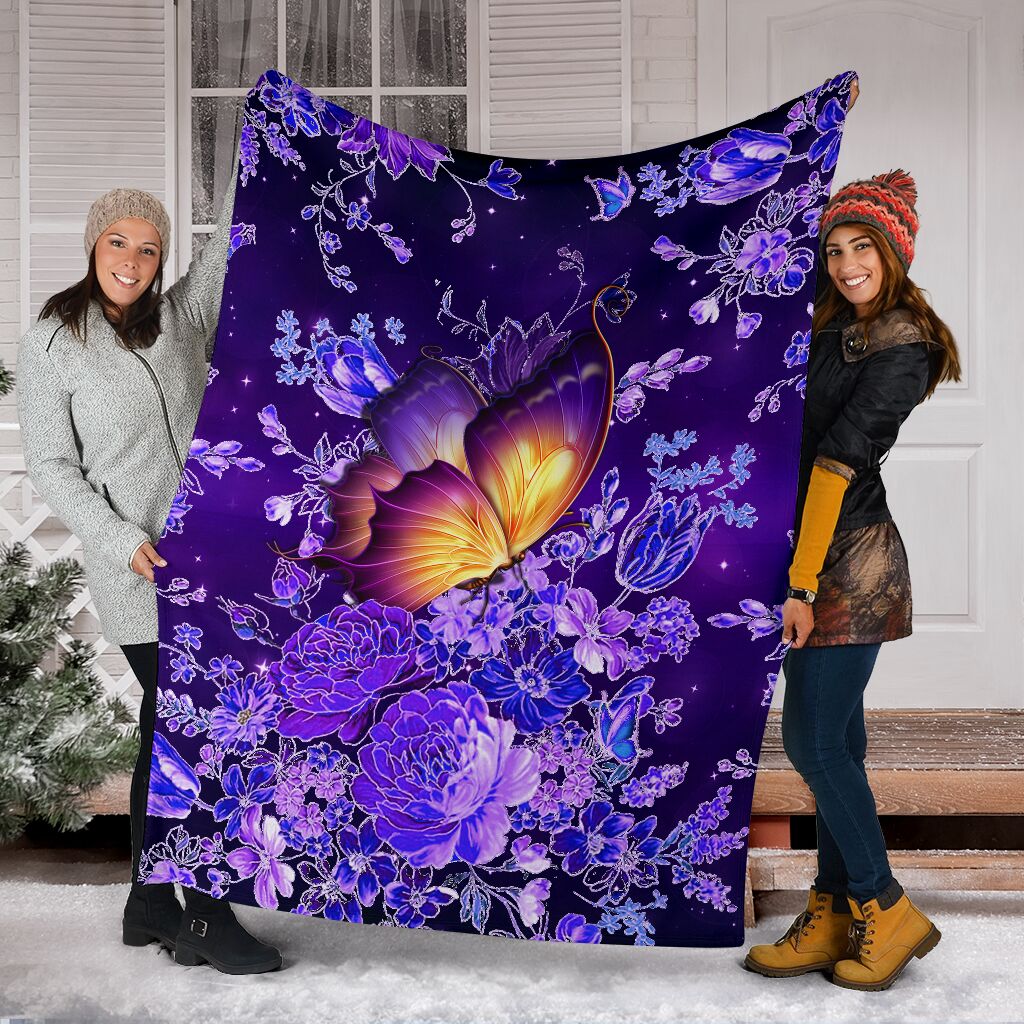 Butterfly With Purple Flowers Flannel Blanket For Bedroom Couch And Daily Comfort