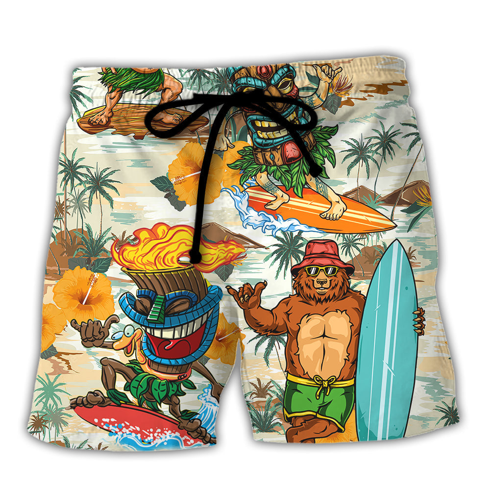 Surfing Bear And Tiki Ride The Wave Follow The Sun – Beach Short