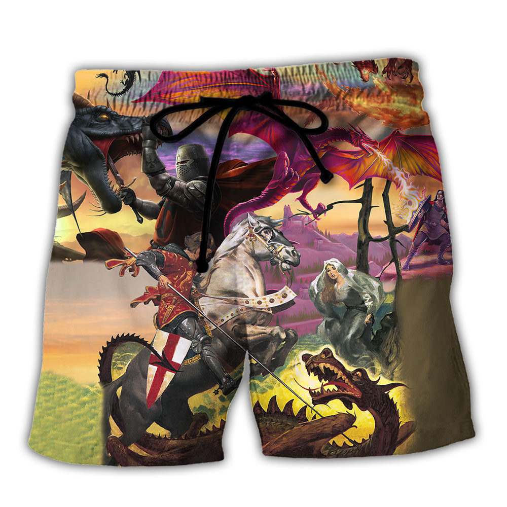 Dragon Battles Knight Fantasy Art - Beach Short