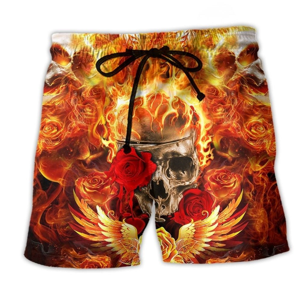 Skull Rose Flaming Fire - Beach Short