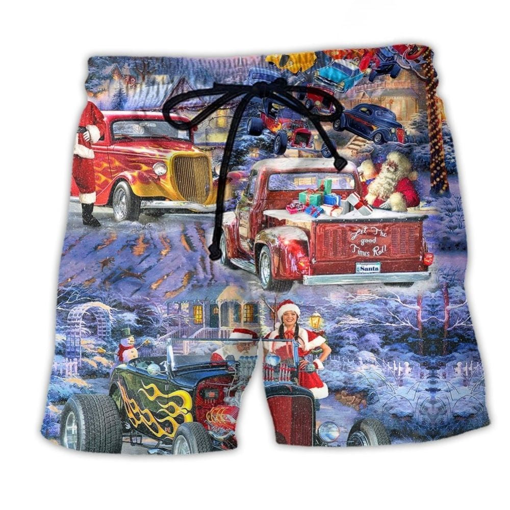 Hot Rod Merry Christmas Snow Scene - Beach Short