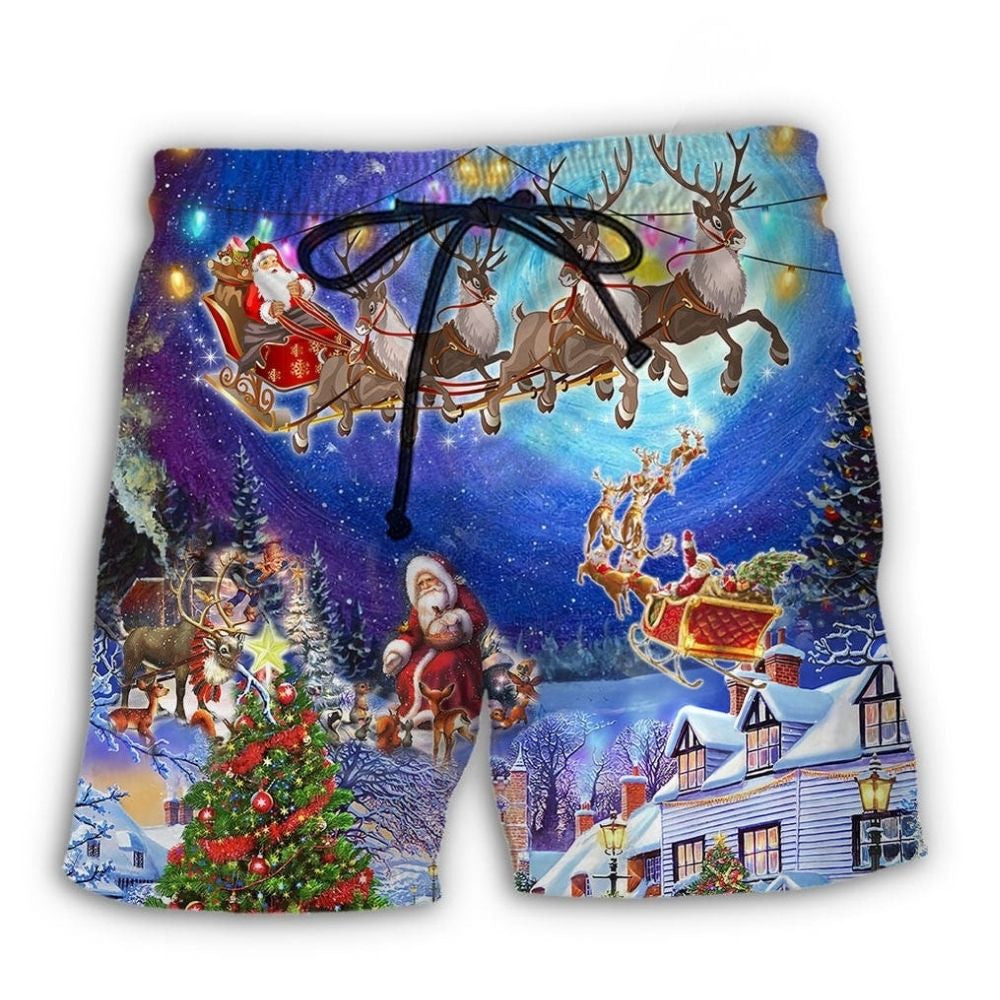 Christmas Snow Village Santa Art - Beach Short
