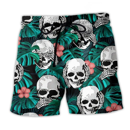Skull Tropical Floral Leaf - Beach Short