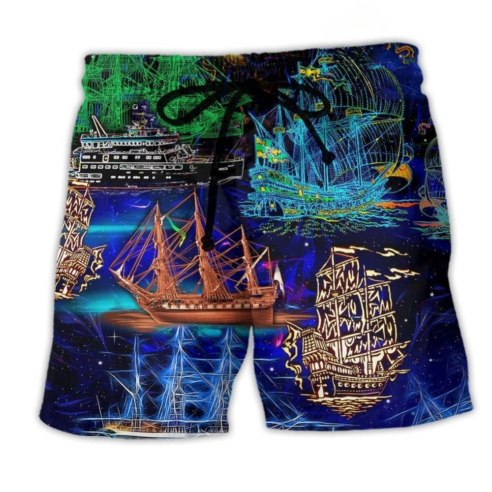 Ship Ocean Life Ship Quote Neon Art - Beach Short