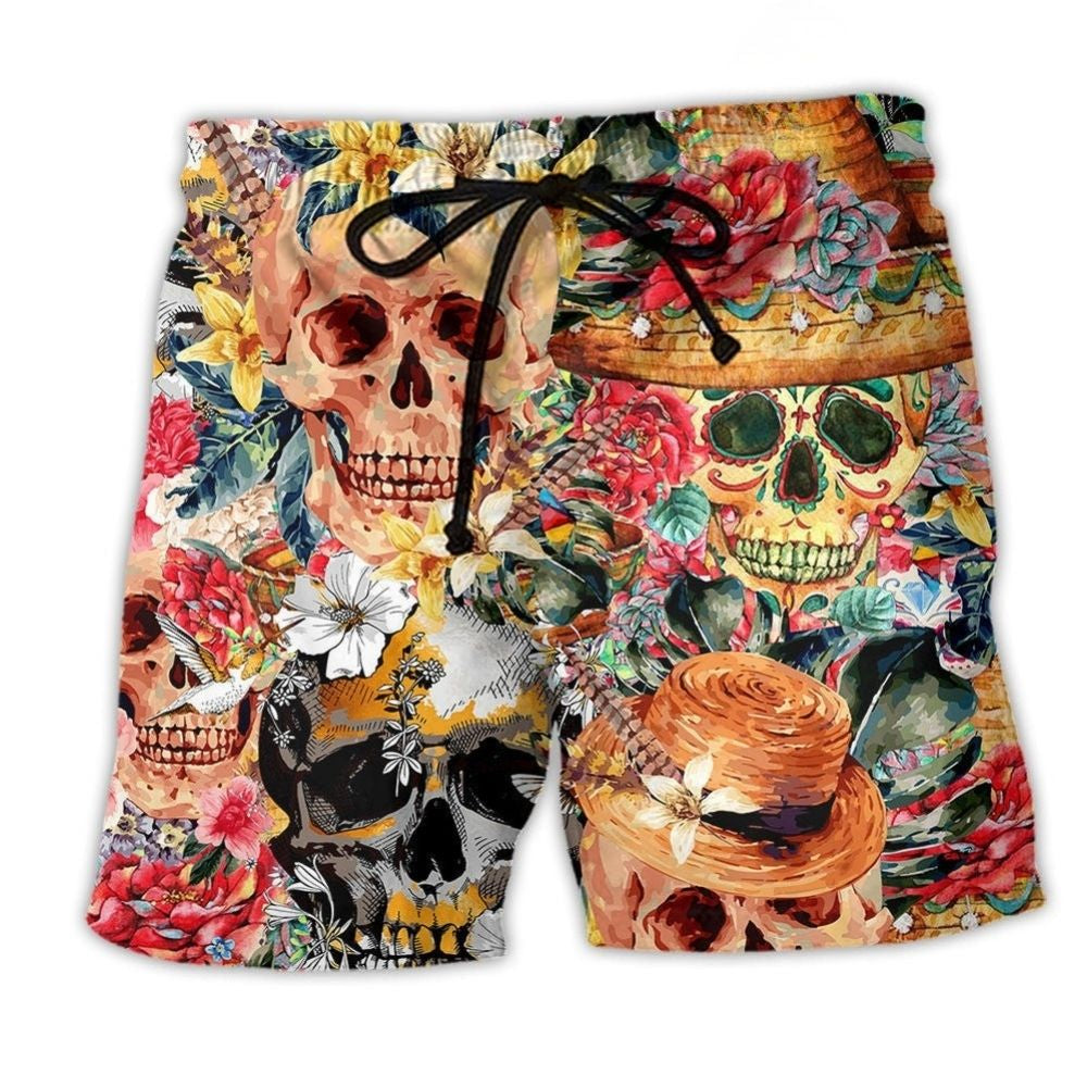 Floral Skull Beauty Art - Beach Short