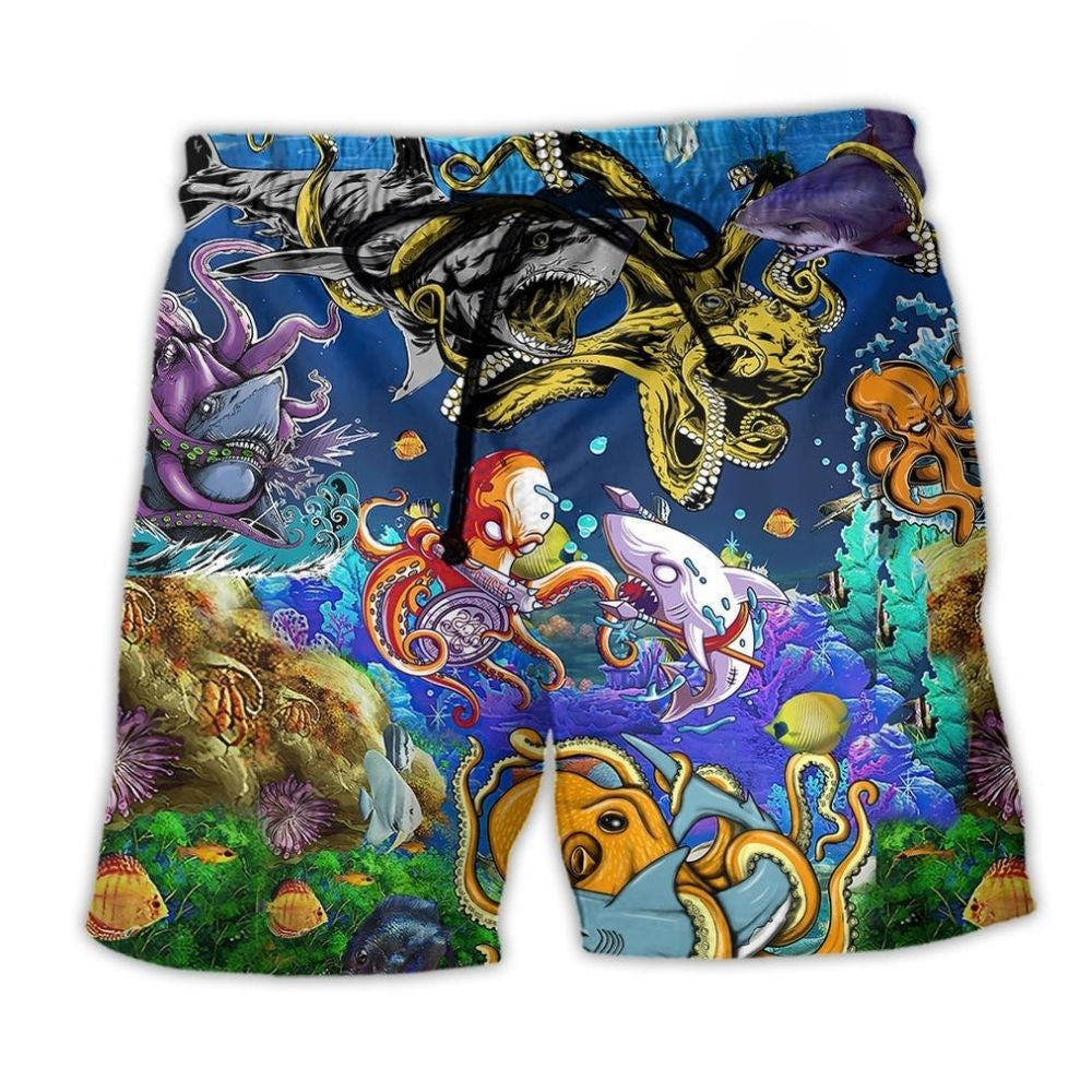 Shark Vs Octopus Ocean Art - Beach Short