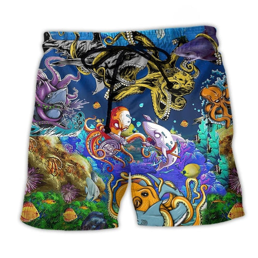 Shark Vs Octopus Ocean Art - Beach Short