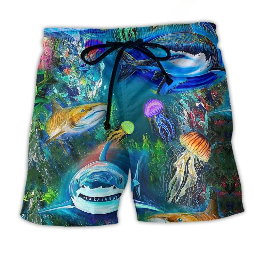 Shark Over Ocean Life Art - Beach Short