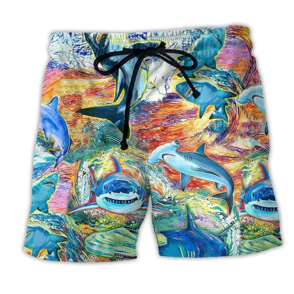 Colorful Shark Painting Art - Beach Short