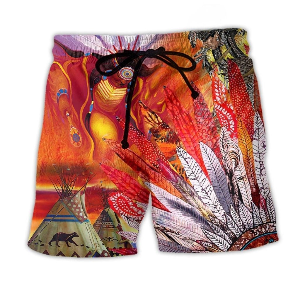 Native Fire Spirit Red Art - Beach Short
