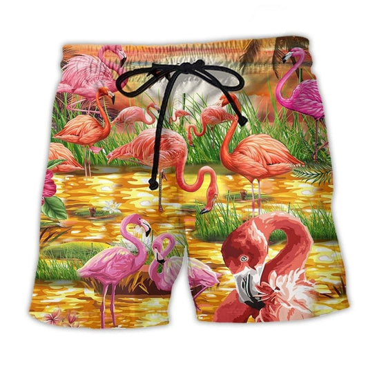 Flamingo Romantic Sunset Art - Beach Short