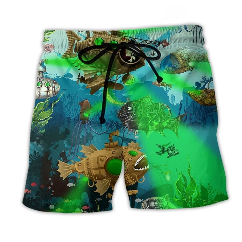 Steampunk Fish Ocean Love Art - Beach Short